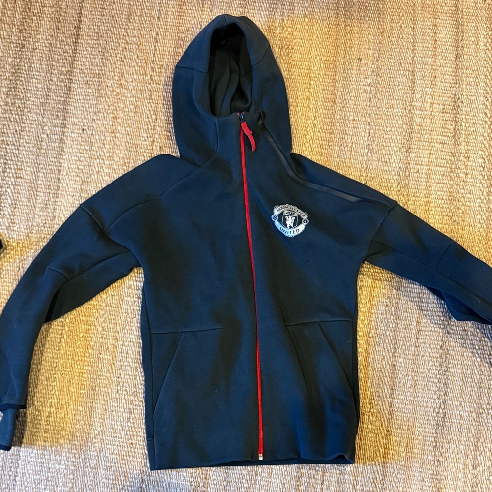 Manchester United Adidas Black Hoodie with Red Zipper